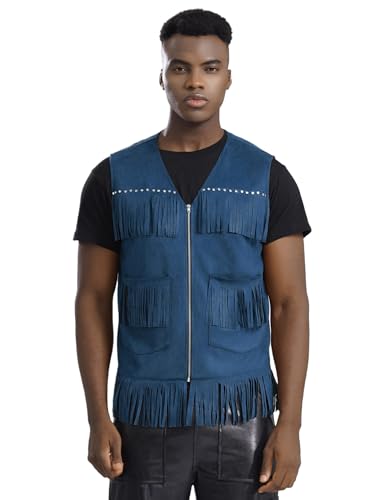 Aislor Western Cowboy Weste Herren Motorrad Jacke Mit Quasten Ärmellos Cardigan Biker Jacke Festival Outfit Karneval Kostüm Mottoparty Kostüm Blau XL von Aislor