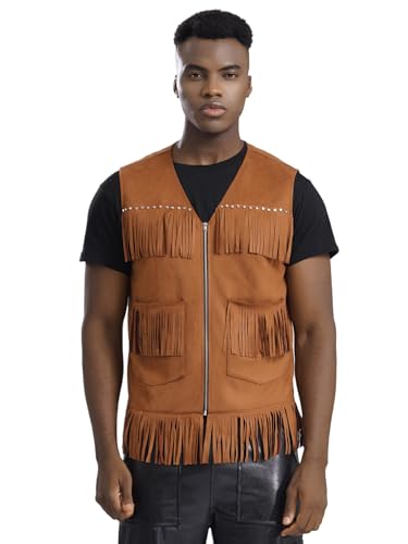 Aislor Western Cowboy Weste Herren Motorrad Jacke Mit Quasten Ärmellos Cardigan Biker Jacke Festival Outfit Karneval Kostüm Mottoparty Kostüm Braun XL von Aislor