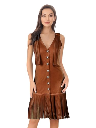 Aislor Western Cowgirl Kostüm Damen Halloween Wildleder Cowgirl Kleid Ärmellos V-Ausschnitt Kleid mit Quasten Cosplay Karneval Kostüm von Aislor