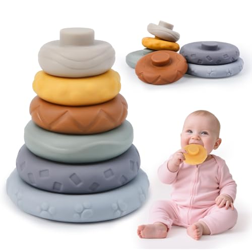 6 Stück Stapelspielzeug mit Ringen, Stapelturm Squeeze Zahnen Babyspielzeug Früherziehung Spielzeug Geschenke für 6 12 18 Monate Baby Kleinkind Jungen Mädchen Montessori Spielzeug von Aitsite