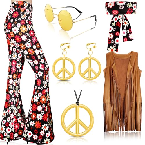 Aitsite 7-stück 60er/70er Hippie Kostüm Damen Set mit Boho Schlaghosen Fransenweste Stirnband Zubehör, 70er Jahre Outfit Damen für Halloween Karneval Disco Outfit Cosplay von Aitsite