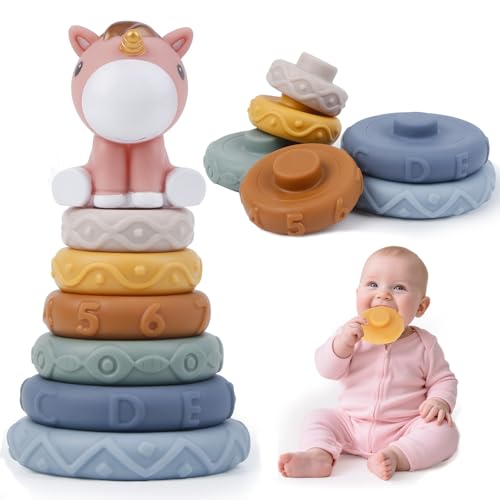7 Stück Stapelspielzeug mit Ringen, Stapelturm mit Einhorn Squeeze Zahnen Babyspielzeug Früherziehung Spielzeug Geschenke für 6 12 18 Monate Baby Kleinkind Jungen Mädchen Montessori Spielzeug von Aitsite