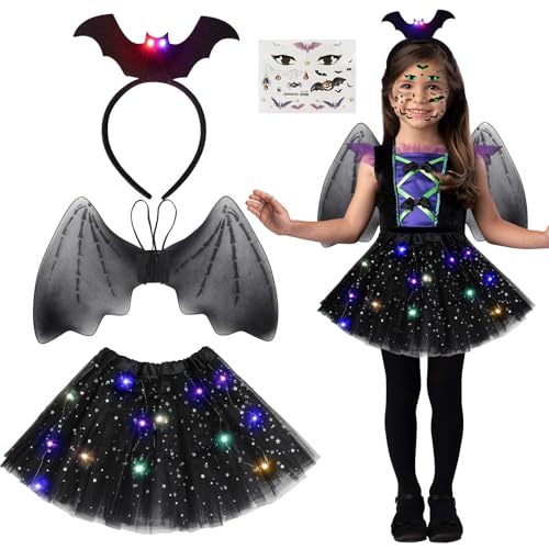 Aitsite Fledermaus Kostüm mit flügel kinder, Halloween Kstüm Kinder, Leuchtende Kinder Fledermaus Kostüm, LED Tutu Tüllrock Fledermaus Kostüm Mädchen, Tutu Rock mit Fledermaus Headband von Aitsite