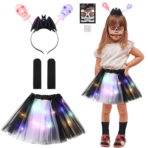 Aitsite Halloween Rock Mädchen, Leuchtende Skelett Braut Kostüm, LED Tutu Tüllrock mit Skelett Headband für Kinder Aitsite Halloween Rock Mädchen, Leuchtende Skelett Braut Kostüm, LED Tutu Tüllrock mit Skelett Headband für Kinder von Aitsite