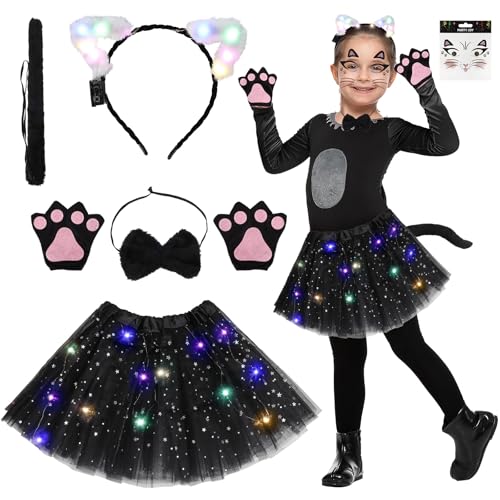 Aitsite Halloween Rock Katze Kostüm Kinder, Leuchtende Kinder Katze Kostüm, Halloween Kostüm Mädchen, LED Tutu Tüllrock Katze Kostüm, Tutu Rock mit Katze Headband, Krawatte, Handschuhe und Schwanz von Aitsite