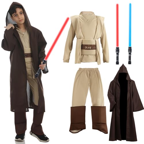 Aitsite Je-d Kostüm Kinder, Robe Kinder mit Kapuze Skywalker Kostüm Blau Rot Lightsaber, Hoodies Robe Karneval Halloween Cosplay kostüm für Erwachsene Jungen (Braun,140) von Aitsite