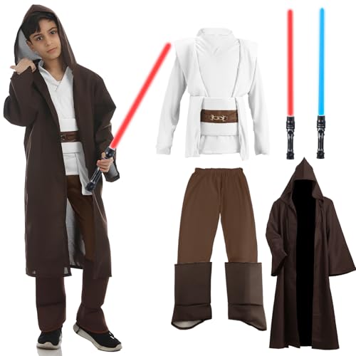 Aitsite Je-d Kostüm Kinder, Robe Kinder mit Kapuze Skywalker Kostüm Blau Rot Lightsaber, Hoodies Robe Karneval Halloween Cosplay kostüm für Erwachsene Jungen (Weiß,160) von Aitsite