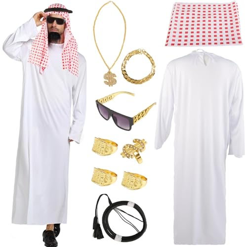 Aitsite Scheich Kostüm Herren, Kostüm Scheich Araber, Arabisches Weißes Gewand Mit Kopftuch, Sultan, Faschingskostüme Dubai Regal Suit, Finger Ring, Halsketten, Sonnenbrillen Für Party, Cosplay (M) von Aitsite