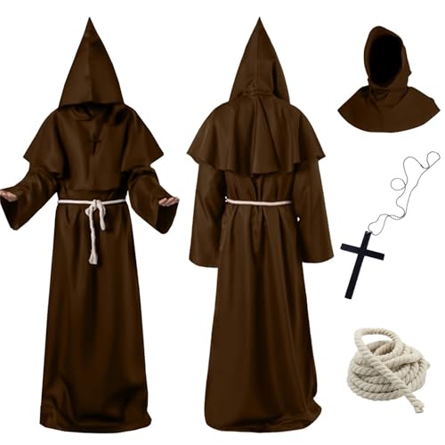 Aitsite Mönch Kostüm Herren mit Kapuze und Kreuz Halskette, Braun Mönche Robe, Prister Gewand Mittelalter Mönchskutte Kostüm Herren für Karneval Halloween Cosplay Aitsite Mönch Kostüm Herren mit Kapuze und Kreuz Halskette, Braun Mönche Robe, Prister Gewand Mittelalter Mönchskutte Kostüm Herren für Karneval Halloween Cosplay von Aitsite