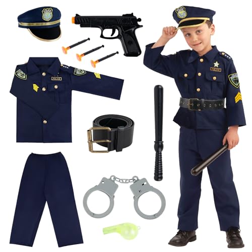 Aitsite Polizei Kostüm Kinder Jungen, Polizei Spielzeug für Karneval Kostüm Kinder Jungen Mädchen mit Handschellen Schlagstock Pistole Trillerpfeife（M） von Aitsite