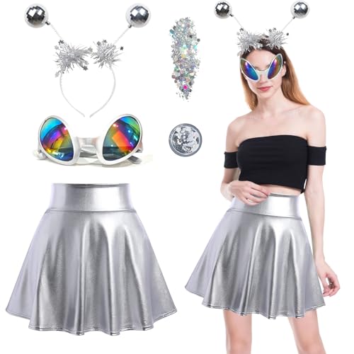Alien Kostüm Damen, Alien Kostüm Space Girl Kostüm Damen Weltall Kostüm Damen, Karneval Zubehör Damen Set Silberner Mini Rock Alien Haarreif Alien Brille, Alien Rave Outfit für Karneval Mottoparty Alien Kostüm Damen, Alien Kostüm Space Girl Kostüm Damen Weltall Kostüm Damen, Karneval Zubehör Damen Set Silberner Mini Rock Alien Haarreif Alien Brille, Alien Rave Outfit für Karneval Mottoparty von Aitsite