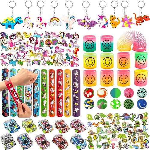 Mitgebsel kindergeburtstag Set, 152pcs Einhorn Dinosaurier Give Aways Kindergeburtstag Gastgeschenke Enthalten Schnapparmband, Aufkleber, Flummis,Spiralen, Schlüsselschnalle, Autos zurückziehen von Aitsite