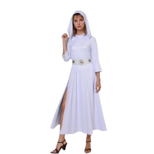Aiugko Prinzessinnen-Kostüm für Damen, langer Robe, Stern, Cosplay-Kleid, Halloween-Outfits mit Gürtel (weiß, klein) von Aiugko