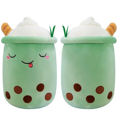 Aiuidun Bubble Tea Kuscheltier,Boba Stofftier Plüschkissen Spielzeug Weiches Umarmungskissen Geschenk für Kinder Mädchen Jungen(Grün-Schielende Augen,50cm) von Aiuidun