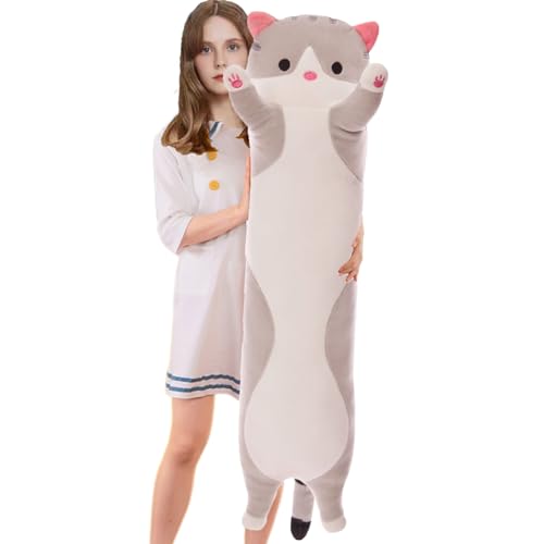 Aiuidun Lange Katze Kuscheltier Stofftiere Katzen Plüsch Kisse Süße Kätzchen Plüschtier Schlafkissen,Weiche Lange Katze Kuschelkissen Geschenk für Kinder Freundin(110cm/43.30inch,Gray) von Aiuidun