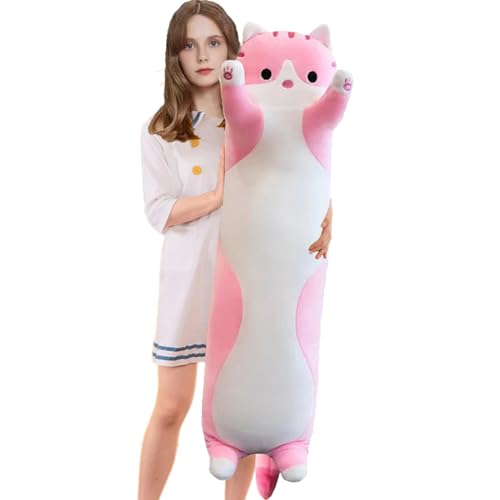 Aiuidun Lange Katze Kuscheltier Stofftiere Katzen Plüsch Kisse Süße Kätzchen Plüschtier Schlafkissen,Weiche Lange Katze Kuschelkissen Geschenk für Kinder Freundin(110cm/43.30inch,Pink) von Aiuidun