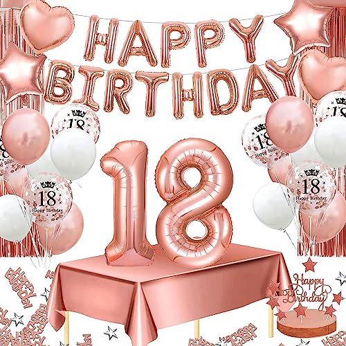 18 Geburtstag Mädchen Deko Rosegold,Aivatoba 18 Geburtstagsdeko Rosegold with Happy Birthday Girlande Balloon, Rosegold Konfetti Luftballons,Tortendeko,Fransenvorhang,Tischdeko von AivaToba