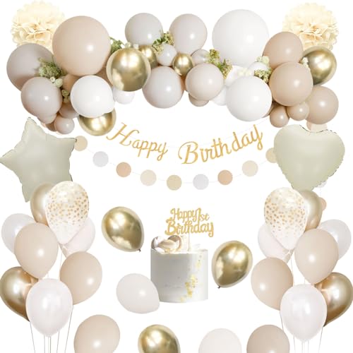 Geburtstagsdeko Frauen Beige Gold, AivaToba Geburtstag Deko Sandweiß Gold Mädchen Junge, Beige Luftballons Geburtstag, Pompons für Männer Frauen Geburtstag Deko. von AivaToba