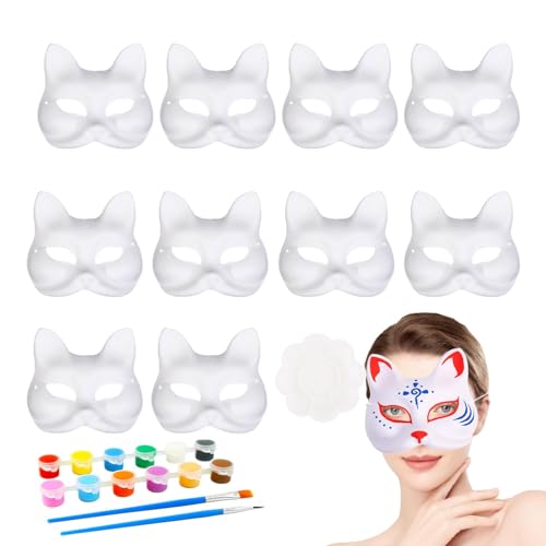 Aizuoni 10 Set Katzenmaske, Weiße Katzenmaske Zum Bemalen, Katzen-Gesichtsbedeckung, Leere Gesichtsbedeckung, Weiße DIY-Papier-Gesichtsabdeckung Zum Malen, Halloween, Handbemalt, Partygeschenk von Aizuoni