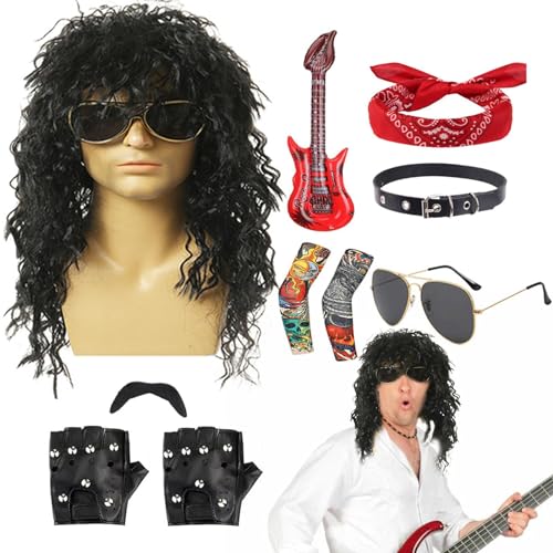Aizuoni 80er Jahre Rocker Kostüm Outfit Herren,Rocker Kostüm Set | 10-teiliges 80er-Jahre-Disco-Rocker-Kostüm-Set - Komplettes Punk-Party-Zubehör, inklusive Perücke, Stirnband, Kragen, Sonnenbrille, von Aizuoni