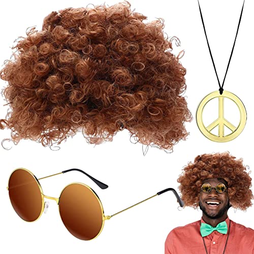 Aizuoni Afro-Perücke-Sonnenbrille | Herren Hippie Kostüm Zubehör Set | Beinhaltet Afro-Perücke, Für Männer Hippie Kostüm Herren Perücke Für 60er 70er Jahre Hippie Motto von Aizuoni