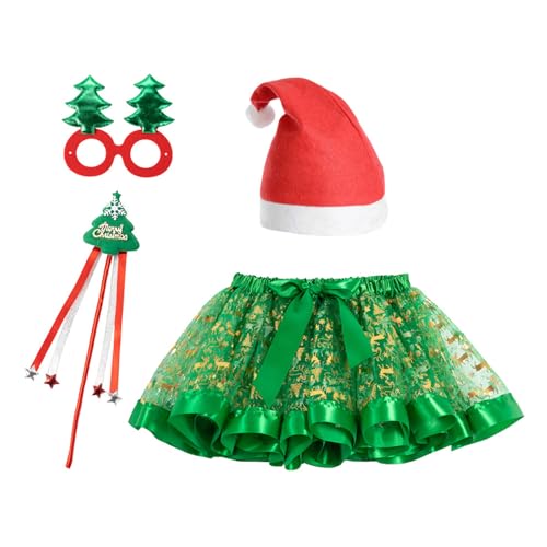 Aizuoni Elfen-Cosplay-Outfit - Atmungsaktives 4-teiliges Set Weihnachtskostüm - Weiche und bequeme Brille, Zauberstab, Weihnachtsmütze und Weihnachtsrock für die Geburtstagsfeier von Kindern von Aizuoni
