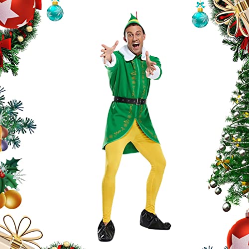 Aizuoni Elfenkostüm Herren,Grünes Und Gelbes Weihnachtselfen-Kostümset Jacke Gürtel Hosen Urlaub Grüne Party Outfits Für Erwachsene, Für Weihnachten Und Geburtstagsfeier, Halloween-Maskerade von Aizuoni
