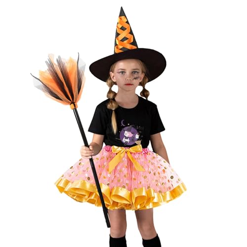 Aizuoni Halloween-Rock-Cosplay-Set, Halloween-Mädchen-Tutu-Kostüm - Festliches Kleid-Outfit-Set mit Hut und Besen - Kinder-Cosplay-Bekleidung für Schulspiele, Geburtstagsfeiern, Halloween-Partys Aizuoni Halloween-Rock-Cosplay-Set, Halloween-Mädchen-Tutu-Kostüm - Festliches Kleid-Outfit-Set mit Hut und Besen - Kinder-Cosplay-Bekleidung für Schulspiele, Geburtstagsfeiern, Halloween-Partys von Aizuoni
