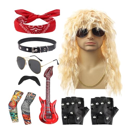 Aizuoni Rocker-Kostüm-Set, 80er-Jahre-Rocker-Kostüme für Herren, 10-teiliges Halloween-Rocker-Kostüm, Punk-Partyzubehör, inklusive Perücke, Stirnband, Kragen, Sonnenbrille, Handschuhen, Ärmeln, von Aizuoni