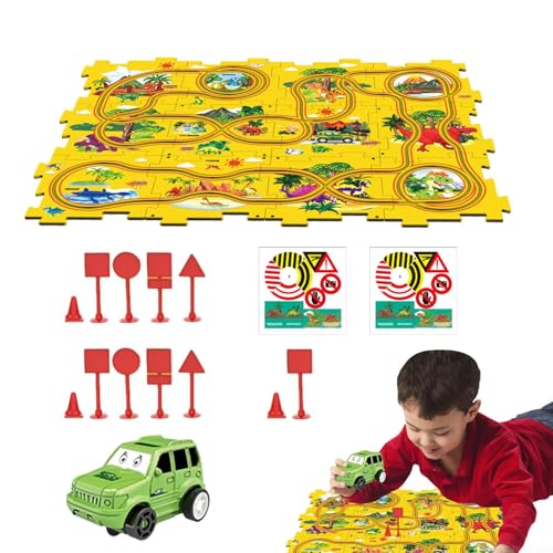 Puzzle Racer Kinder-Autobahn-Set - 27-teiliges DIY-Puzzle-Autobahn-Spielset - Multifunktionale Puzzle-Bahn, Für Kinderspielzeug DIY-Route Spielzeugauto Geschenkspiele Cars Spielzeug Für Kinder von Aizuoni