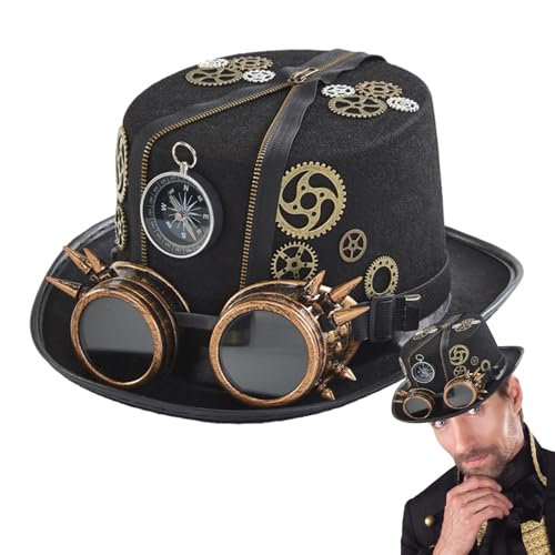 Steampunk Zylinder Hut Herren Mit Brille, Steampunk Hut Damen Schwarz Cosplay Halloween Kostüm Kopfbedeckung Hut Mit Abnehmbarer Schutzbrille - Zeitreisender-Kostüm Für Herren, Steampunk-Anziehzubehör Steampunk Zylinder Hut Herren Mit Brille, Steampunk Hut Damen Schwarz Cosplay Halloween Kostüm Kopfbedeckung Hut Mit Abnehmbarer Schutzbrille - Zeitreisender-Kostüm Für Herren, Steampunk-Anziehzubehör von Aizuoni