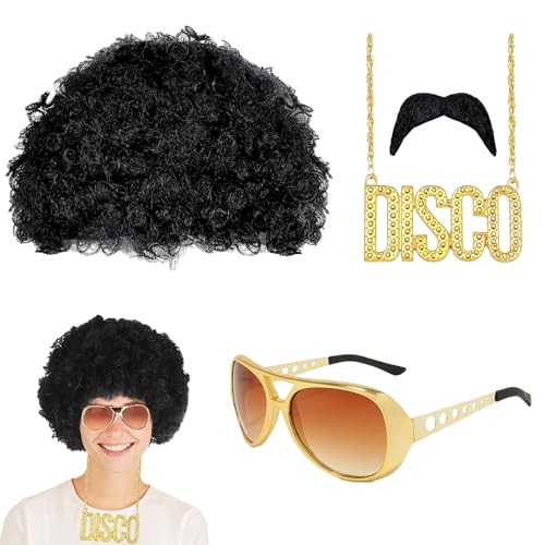 Ajuanbazha 4er Set 60er 70er Hippie Kostüm Set, Afro Perücke, Sonnenbrille, Schnurrbart, Halskette Ideal für Disco, Karneval, Fasching Oder Motto Partys Ajuanbazha 4er Set 60er 70er Hippie Kostüm Set, Afro Perücke, Sonnenbrille, Schnurrbart, Halskette Ideal für Disco, Karneval, Fasching Oder Motto Partys von Ajuanbazha
