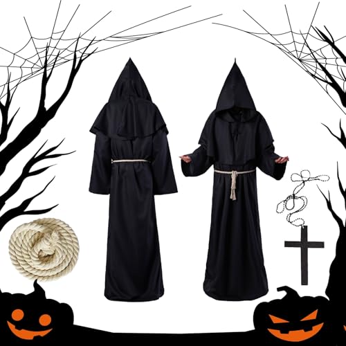 Ajuanbazha Priester Robe Kostüm, Priester Kostüm Halloween, Mönchskostüm mit Kreuz-Halskette, Mönchskutte mit Robenhaube Kreuz Seil, Kostüme für Halloween, Cosplay und Andere Anlässe (L) von Ajuanbazha