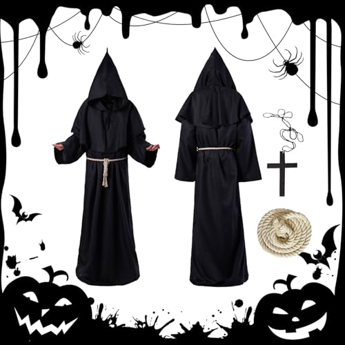 Ajuanbazha Priester Robe Kostüm, Priester Kostüm Halloween, Mönchskostüm mit Kreuz-Halskette, Mönchskutte mit Robenhaube Kreuz Seil, Kostüme für Halloween, Cosplay und Andere Anlässe (M) von Ajuanbazha
