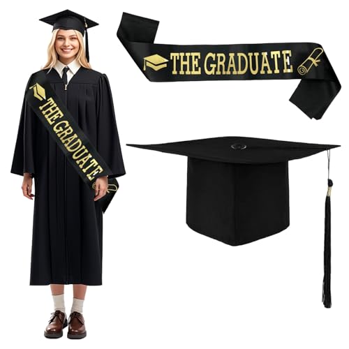Ajuanbazha Unisex Doktorhut Abschluss Set, Verstellbarer Graduation Cap in Schwarz mit Schärpe Quaste, Ideal für Abitur, Bachelor, Master und Hochschulfeiern (A) von Ajuanbazha