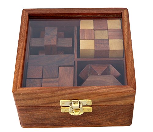 Ajuny 4-in-One Wooden Puzzle Games Set - 3D Puzzles for Teens and Adults - Challenging Brain Teasers 3D Puzzle IQ Logic Handcrafted Games, Includes Decorative Storage Box Best Gift 4 in 1 Game Set von Ajuny