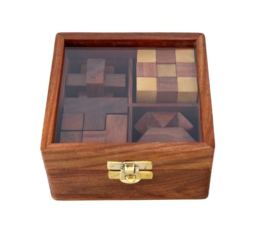 Ajuny 4-in-One Wooden Puzzle Games Set - 3D Puzzles for Teens and Adults - Challenging Brain Teasers 3D Puzzle IQ Logic Handcrafted Games, Includes Decorative Storage Box Best Gift 4 in 1 Game Set von Ajuny