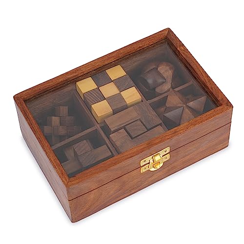 Ajuny 6-in-1-Puzzlespiele-Set aus Holz – 3D-Puzzles für Jugendliche und Erwachsene – herausfordernde Denksportaufgaben, handgefertigte IQ-Logik-Spiele, inklusive Aufbewahrungs Box von Ajuny