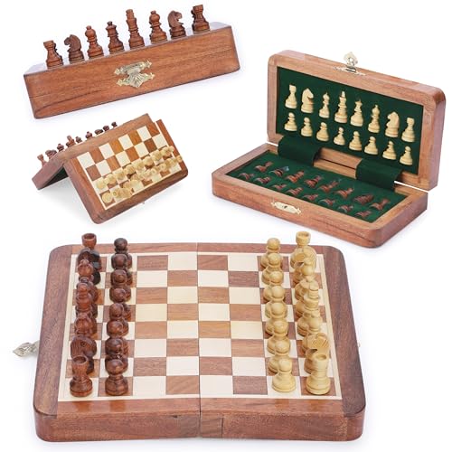 Ajuny Holz Magnetschachspiel mit Schachfiguren Faltspielbrett mit Aufbewahrungsgeschenken für Familie 7x7 Zoll von Ajuny