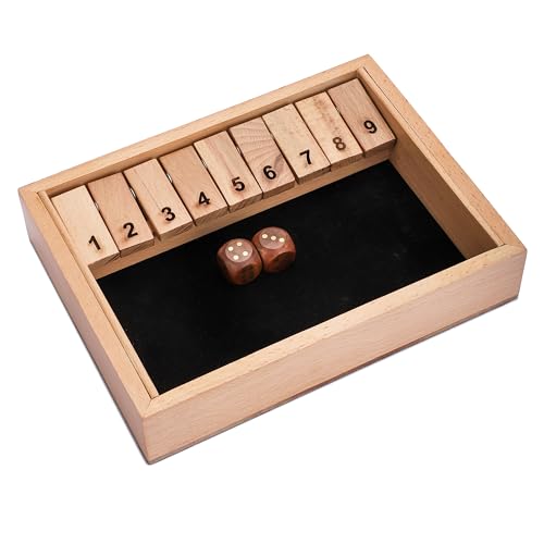 Ajuny Shut The Box Spiel (1–2 Spieler) – Mathespiel mit Holzwürfeln und 9 Klappplättchen | Großes Pädagogisches Brettspiel für Kinder und Erwachsene | Lustiges Familien Tischspiel - 9.6 Zoll von Ajuny