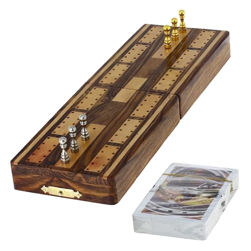 Ajuny Traditonal Wooden Cribbage Brettspiel mit Metallstiften und Karten mit Lagerbereich Brettgröße 5x3,25x2 Zoll von Ajuny