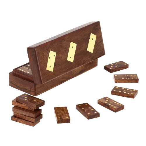 Ajuny Wooden Handcrafted Domino Game Set Aufbewahrungsbox mit Messing Inlay Box Größe 8x3 Zoll von Ajuny