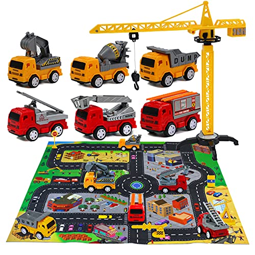 Akokie Baustelle Cars Spielzeug Set mit Spielteppich Straße,Baustellenfahrzeuge Kinder Bagger Kran Betonmischer Feuerwehr Spielzeug warte auf 6 Auto Spielzeug ab 2 3 4 5 6 7 Jahre Junge Mädchen von Akokie