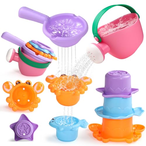 Badewannenspielzeug,Badespielzeug ab 1 Jahre,Spielzeug ab 1 Jahr con 1 Kleine Gießkanne 1 Löffelund 3 Stapelbecher Badespielzeug Baby ab 1 Jahr Spielzeug 1 2 3 Jahre Mädchen Junge Wasserspielzeug 5St. von Akokie