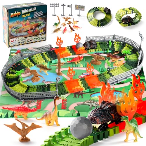 Dinosaurier Spielzeug Autorennbahn ab 3 Jahre Junge Rennbahn mit 8 Mini Dinosaurier Figuren 1 Auto Dino Geschenke Montessori Spielzeug ab 3 4 5 6 Jahre Junge Mädchen (216 Stück) von Akokie