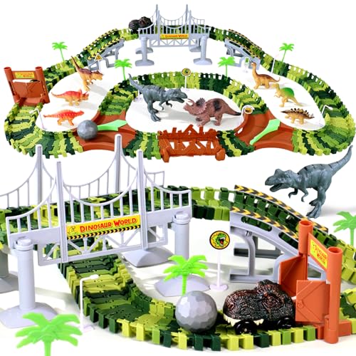 Dinosaurier Spielzeug Autorennbahn ab 3 Jahre Junge Rennbahn mit 8 Mini Dinosaurier Figuren 1 Auto Dino Geschenke Montessori Spielzeug ab 3 4 5 6 Jahre Junge Mädchen (216 Stück) von Akokie