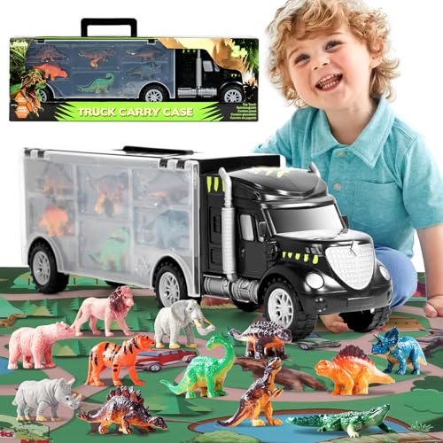 Dinosaurier Spielzeug ab 3 Jahre LKW Autotransporter Spielzeug ab 3 4 5 6 Jahre Junge Mädchen mit 12 Dinosaurier Figuren Tiere & Spielmatte Outdoor Spielzeug Geschenk Kinderspielzeug ab 3 4 5 6 Jahre von Akokie