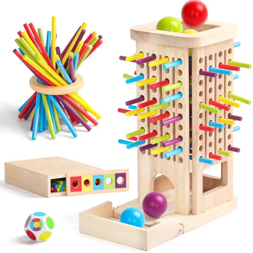 Montessori Spielzeug ab 3 Jahre Spiele ab 3 4 5 Jahren 3 IN 1 Brettspiele Lernspiele ab 4 Jahre mit 40 Holzstäbe, 1 Aufbewahrungsbox Klassifizierung Farblernturm Kinderspiele Reisespiele Kinder von Akokie