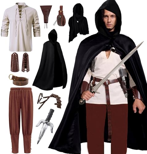 Akokvlar Renaissance-Kostüm für Herren, mittelalterliches Piratenhemd, Knöchelband, Hose, Wikinger-Kostüm, 10-teiliges Set, Braun, S von Akokvlar