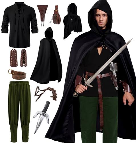 Akokvlar Renaissance-Kostüm für Herren, mittelalterliches Piratenhemd, Knöchelband, Hose, Wikinger-Kostüm, 10-teiliges Set, schwarz und grün, XX-Large von Akokvlar